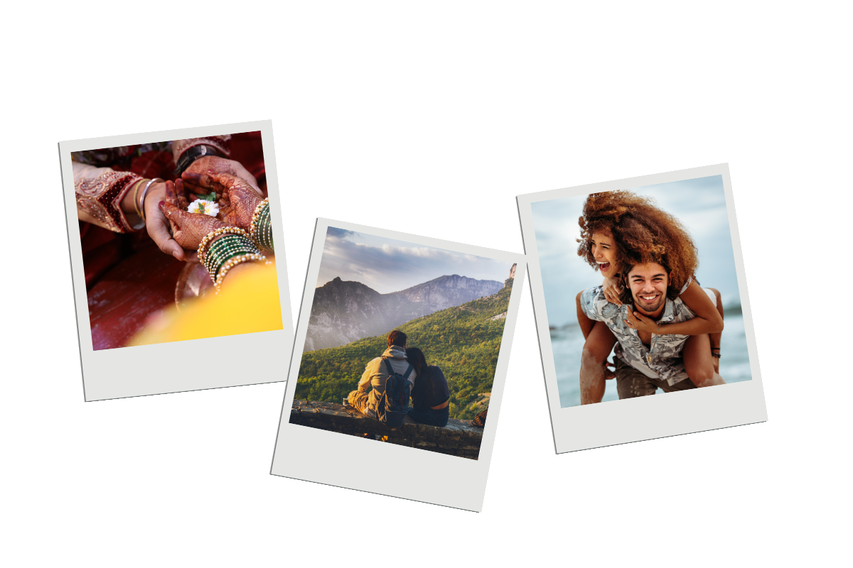 Three polaroid photos of couples in love. Once couple holding hands, one couple on a hike, one couple at the beach.