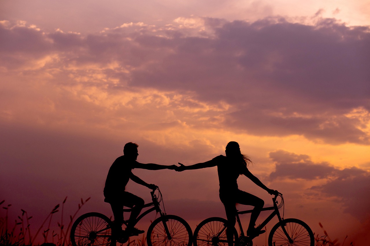 bicycles, couple, silhouettes, biking, bicycle ride, bicycle riding, nature, sunset, dusk, twilight, backlighting, bikes, cyclists, pair, dawn, man, outdoors, people, recreation, sky, sunrise, woman